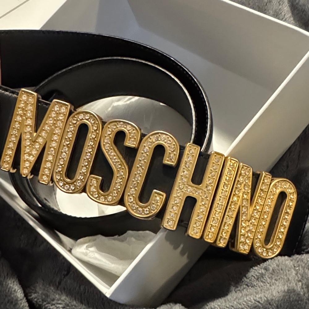 Moschino Black Belt with Gold & Rhinestone Logo